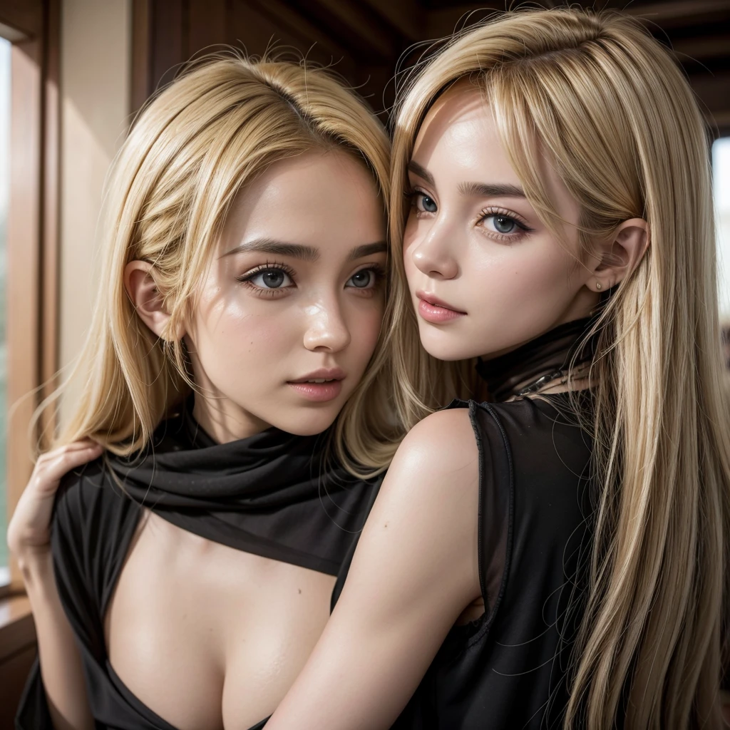 two beautiful girls, Yuri, hugging, naked, blond