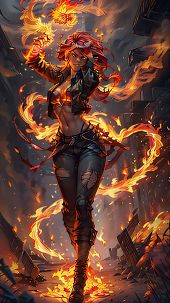 score_9, score_8_up, score_7_up, score_6_up, score_5_up, score_4_up, (Sunset Shimmer from equestria girls), (1girl), movie accurate equestria girls, medium breasts, angry, full body view, ((glowing veins, glowing body)), beautiful, female, long hair, (Fiery_Hair), vector, cute, ((fire, flames, body covered in fire, fire aura)), (post apocalypse enviroment), black leather jacket, torn crop top shirt, torn form fitting blue jeans