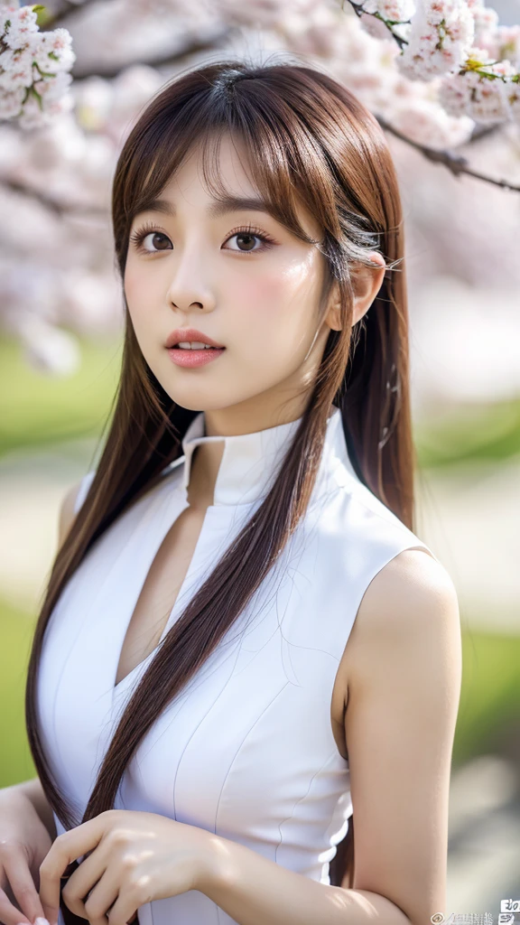 a white cherry blossom,(detailed face),((crotch)),normal breasts,pretty,sleeveless and turtle neck white silky clothes,4k ,super high resolution ,(photo-realistic: 1.7),((white background)),black long hair,
