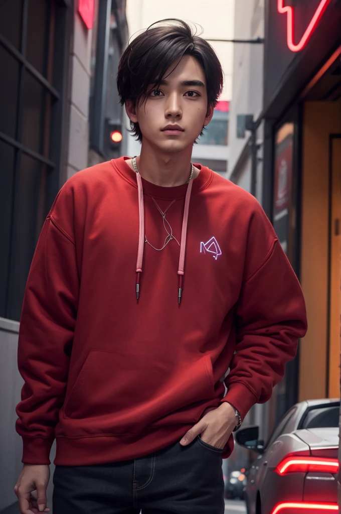 Male character, red neon sweatshirt
