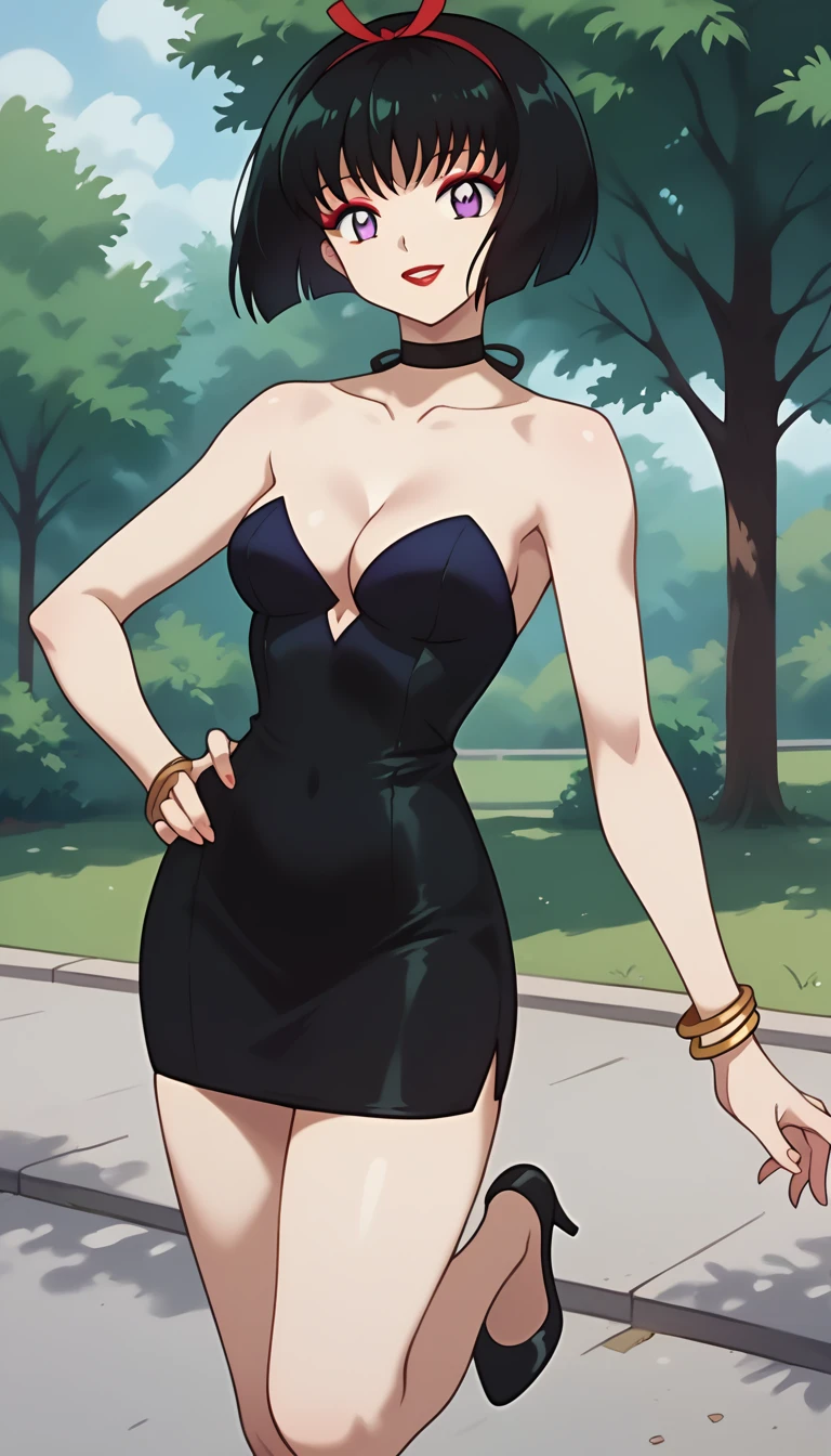 looking at viewer, smile, redlips, solo, SakasagaminoYura, 1girl, black hair, red Hairband, bob_cut, purple eyes, makeup, choker, cleavage, small breast, strapless, black sweetheart dress, black pencil skirt, gold bracelet, black high heels, left hand on own hip, park, right arm at side, indoor bedroom, smile, cowboy shot, looking at viewer,