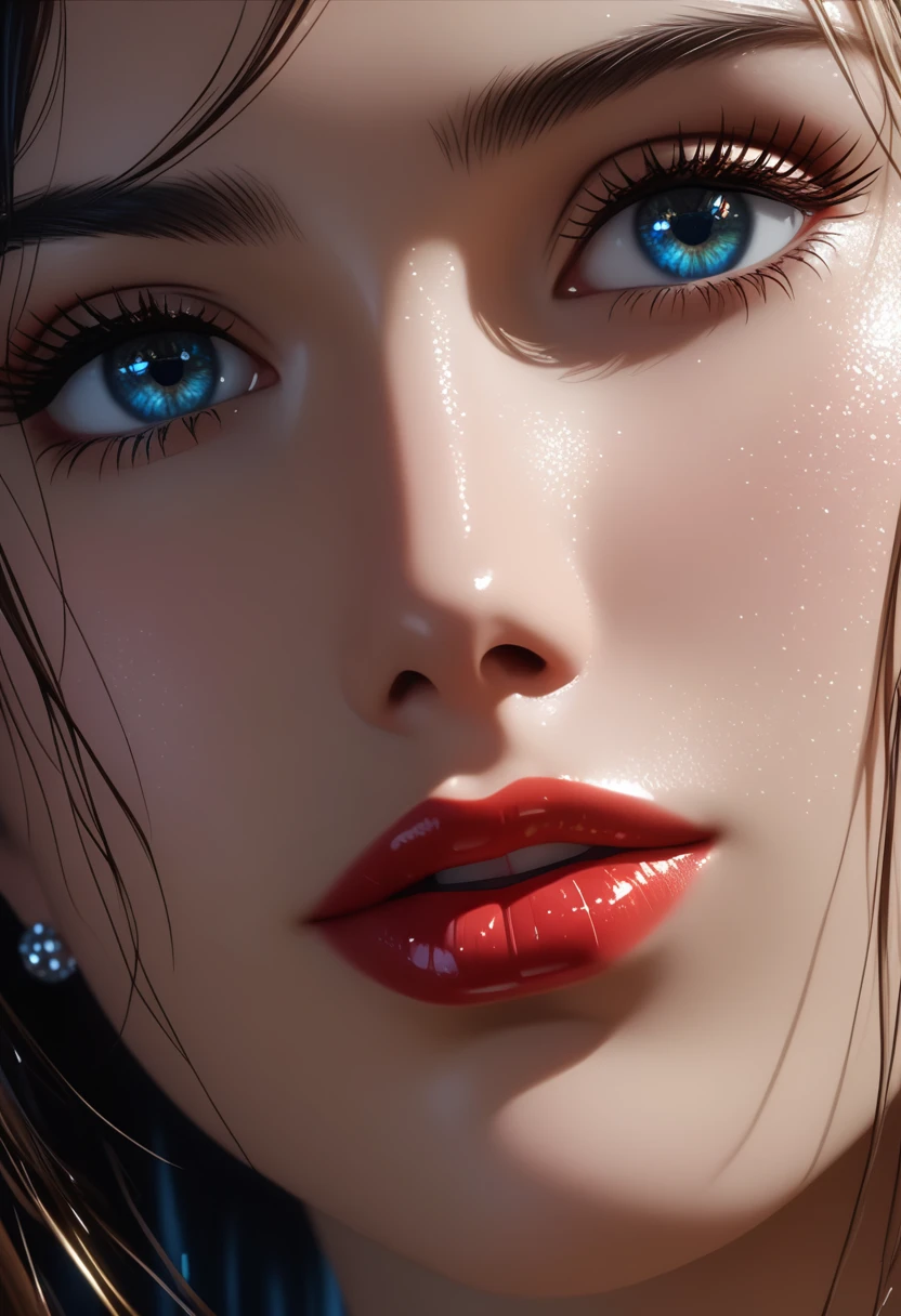 A woman with glistening, oiled skin, wearing a shimmering, wet, white dress, dark and wet hair cascading down her back, light glints off her skin, creating a sensual and glamorous effect, beautiful detailed eyes, beautiful detailed lips, extremely detailed eyes and face, long eyelashes, (best quality, 4k, 8k, highres, masterpiece:1.2), ultra-detailed, (realistic, photorealistic, photo-realistic:1.37), cinematic lighting, HDR, UHD, studio lighting, professional, vivid colors, sharp focus