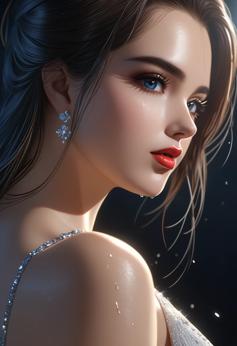 A woman with glistening, oiled skin, wearing a shimmering, wet, white dress, dark and wet hair cascading down her back, light glints off her skin, creating a sensual and glamorous effect, beautiful detailed eyes, beautiful detailed lips, extremely detailed eyes and face, long eyelashes, (best quality, 4k, 8k, highres, masterpiece:1.2), ultra-detailed, (realistic, photorealistic, photo-realistic:1.37), cinematic lighting, HDR, UHD, studio lighting, professional, vivid colors, sharp focus