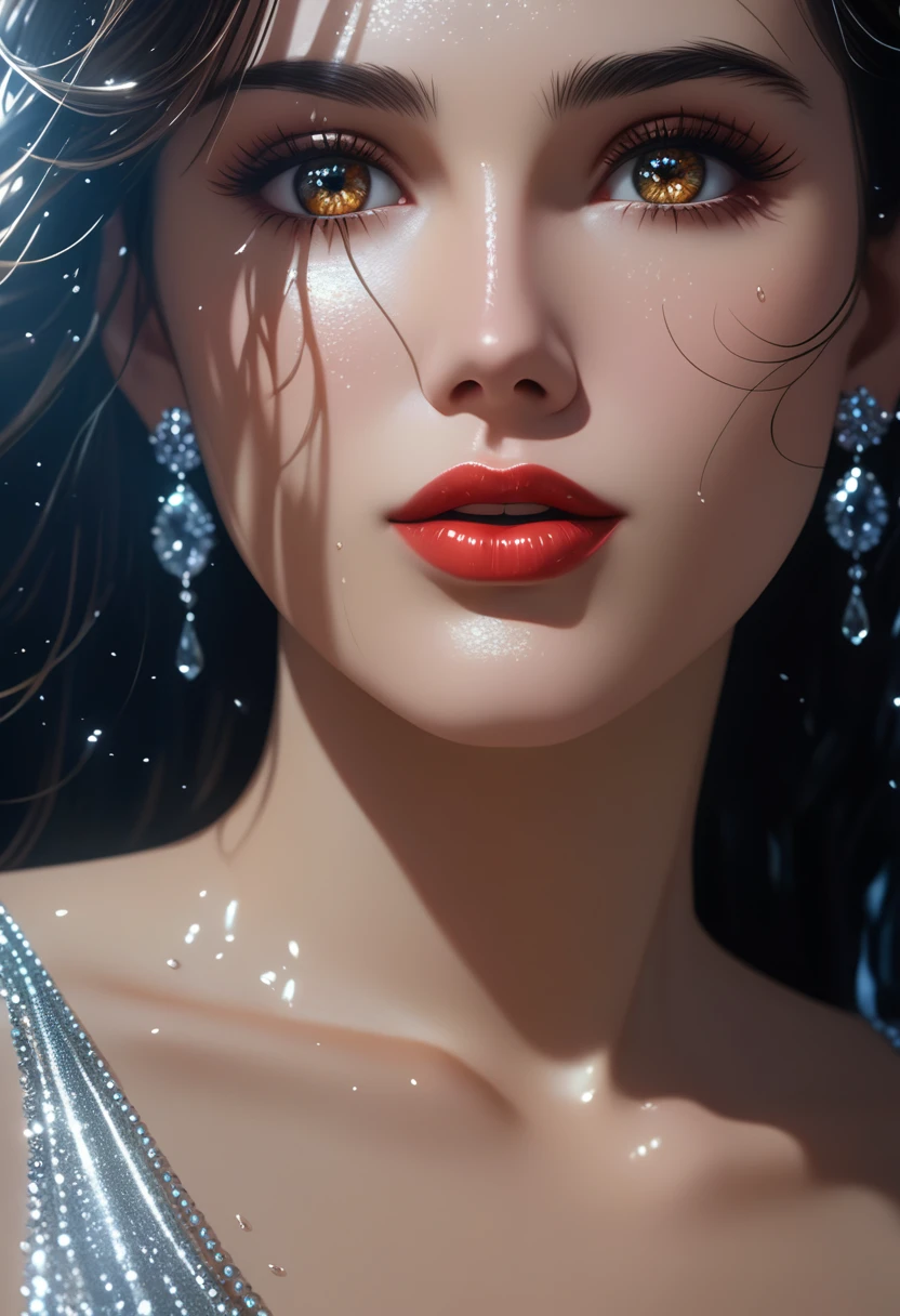 A woman with glistening, oiled skin, wearing a shimmering, wet, white dress, dark and wet hair cascading down her back, light glints off her skin, creating a sensual and glamorous effect, beautiful detailed eyes, beautiful detailed lips, extremely detailed eyes and face, long eyelashes, (best quality, 4k, 8k, highres, masterpiece:1.2), ultra-detailed, (realistic, photorealistic, photo-realistic:1.37), cinematic lighting, HDR, UHD, studio lighting, professional, vivid colors, sharp focus