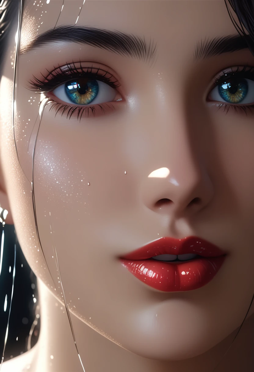 A woman with glistening, oiled skin, wearing a shimmering, wet, white dress, dark and wet hair cascading down her back, light glints off her skin, creating a sensual and glamorous effect, beautiful detailed eyes, beautiful detailed lips, extremely detailed eyes and face, long eyelashes, (best quality, 4k, 8k, highres, masterpiece:1.2), ultra-detailed, (realistic, photorealistic, photo-realistic:1.37), cinematic lighting, HDR, UHD, studio lighting, professional, vivid colors, sharp focus