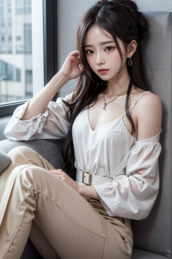 masterpiece、top-quality)、1 beutiful girl、A smile、Slim body、(Black and white plain clothes:1.1)、(Detailed beautiful eyes)、Bedroom、in a house、((Black long-haired))、a small face、tall、((Light brown eyes))、((Korean Girl))、((cool lady))、((cool expression))