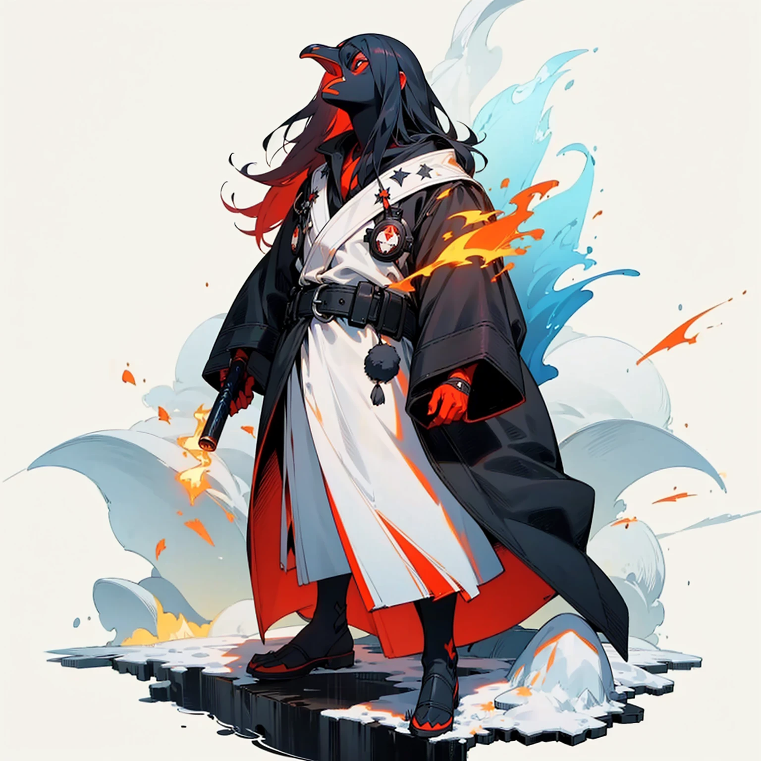 Add a background in the snowy arctic area, morning silhouette light, fiery explosions in the background, smoke, and shining lights, Puffin face mixed with penguin face, Red eyes, long Shaggy hair, blue robe, Molotov cocktail at waist, belt, handkerchief
