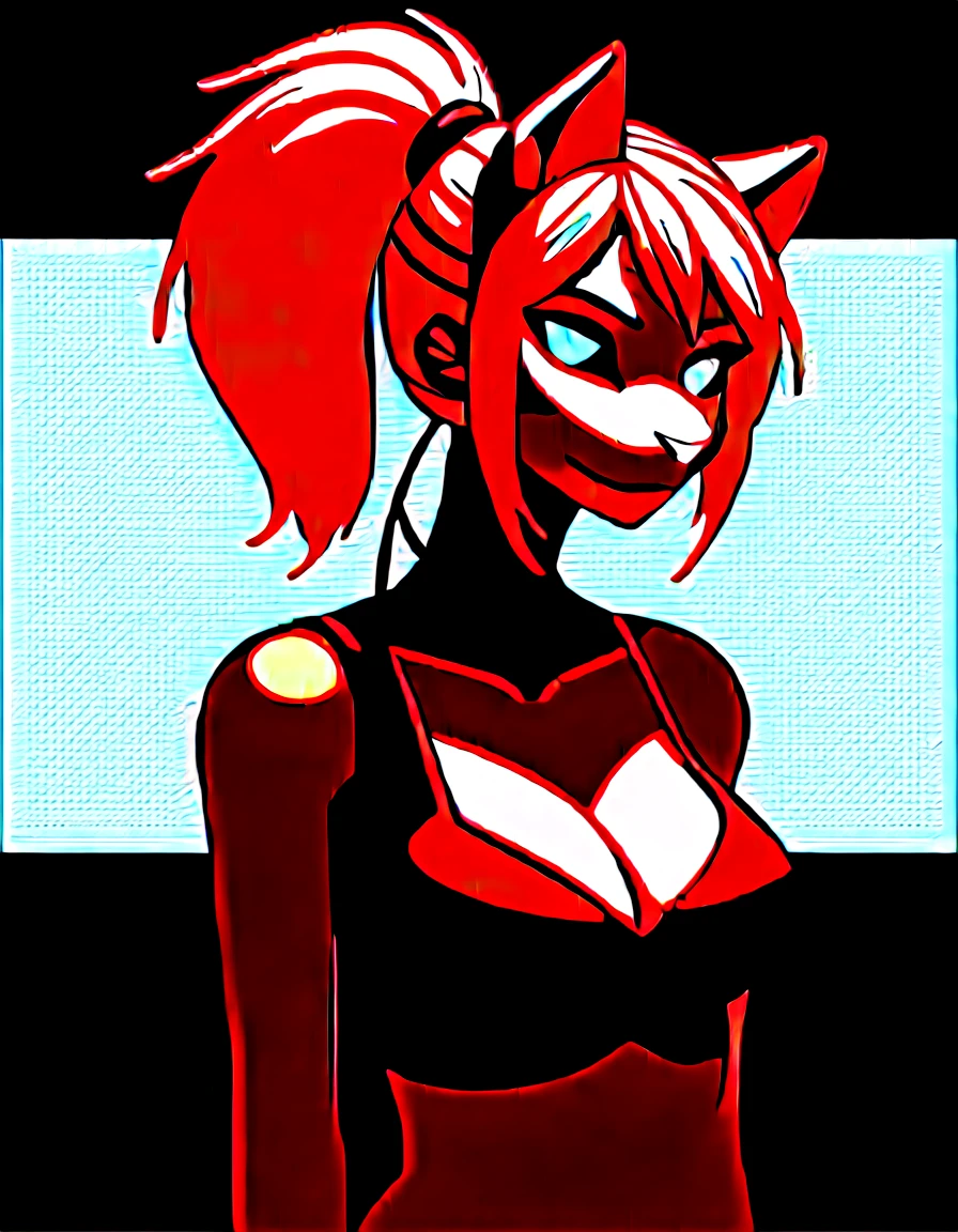 (((​masterpiece)))、((top-quality))、(The ultra-detailed)、8K、(Very noble and beautiful))、Cinematic Light、((1 Mechanical anthropomorphic feline girl, Kat, blonde hair in a ponytail, pink nose, :3, silver fur, )) black ceramic body、luminescent android blue eyes, black sclera 、The cleavage is visible、Single、(Mechanical joint:1.4)、((Mechanical limb))、(Blood vessels attached to tubes)、((Mechanical spine attached to the back))、((Mechanical cervical vertebrae attached to neck))、(Wires and cables attached to the head and body:1.5)、 neon details、Science fiction、full body shot, The background is Cyberpunk City、