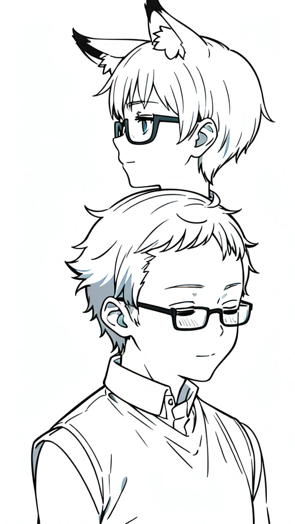 (1boy,10 years old,???),solo,happy,white hair,short hair,fox ears,white shirt,sleeveless,upper body,(white background,line drawing),white glasses,profile,closed eyes
