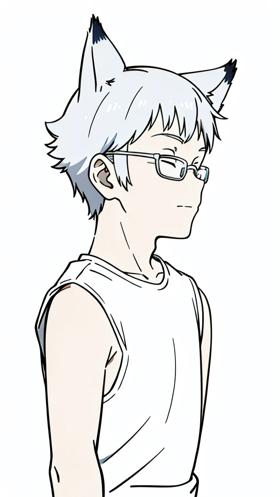 (1boy,,kid),solo,happy,white hair,short hair,fox ears,white shirt,sleeveless,upper body,(white background,line drawing),white glasses,profile,closed eyes