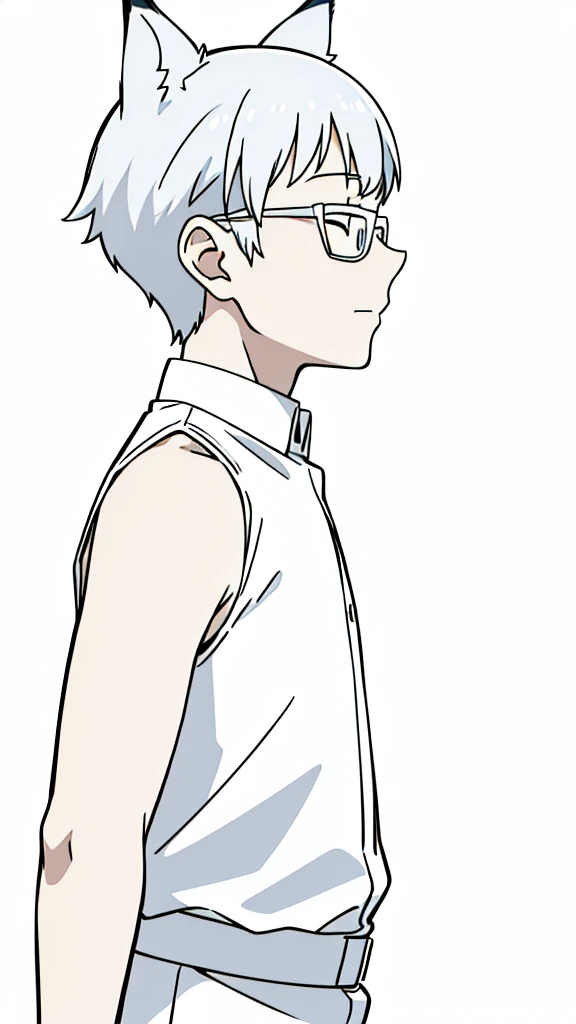 (1boy,,kid),solo,ha,white hair,short hair,fox ears,white shirt,sleeveless,upper body,(white background,line drawing),white glasses,profile,closed eyes