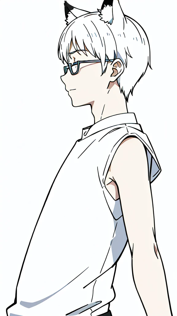 (1boy,10 years old,???),solo,happy,white hair,short hair,fox ears,white shirt,sleeveless,upper body,(white background,line drawing),white glasses,profile,closed eyes