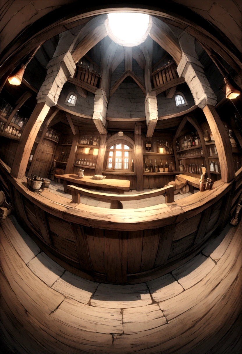 More detailed medieval bar, fisheye style photo, but not exaggerated, but empty