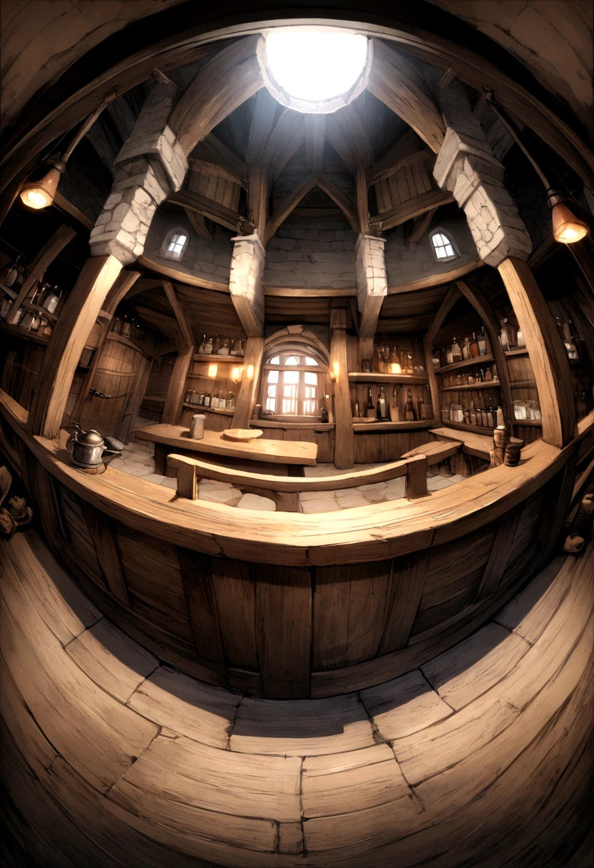 More detailed medieval bar, fisheye style photo, but not exaggerated, but empty
