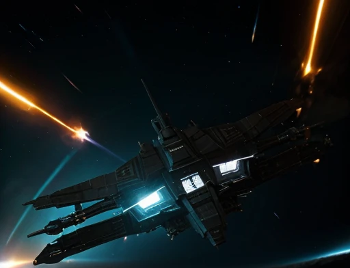 Close UP of intergalactic ship using thrusters to reach the speed of light in the universe 