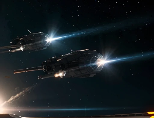 Close UP of intergalactic ship using thrusters to reach the speed of light in the universe