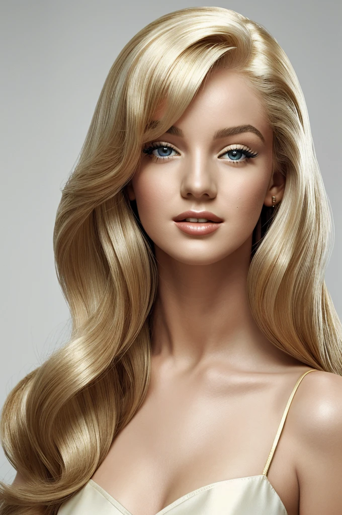 ((Best Quality)), ((Masterpiece)), (detailed), 1 girl, Straight hair similar to Marylin Monroe, posing her straight hair for a brand of shampoo, elegant with gold and white colors with the Vuela brand