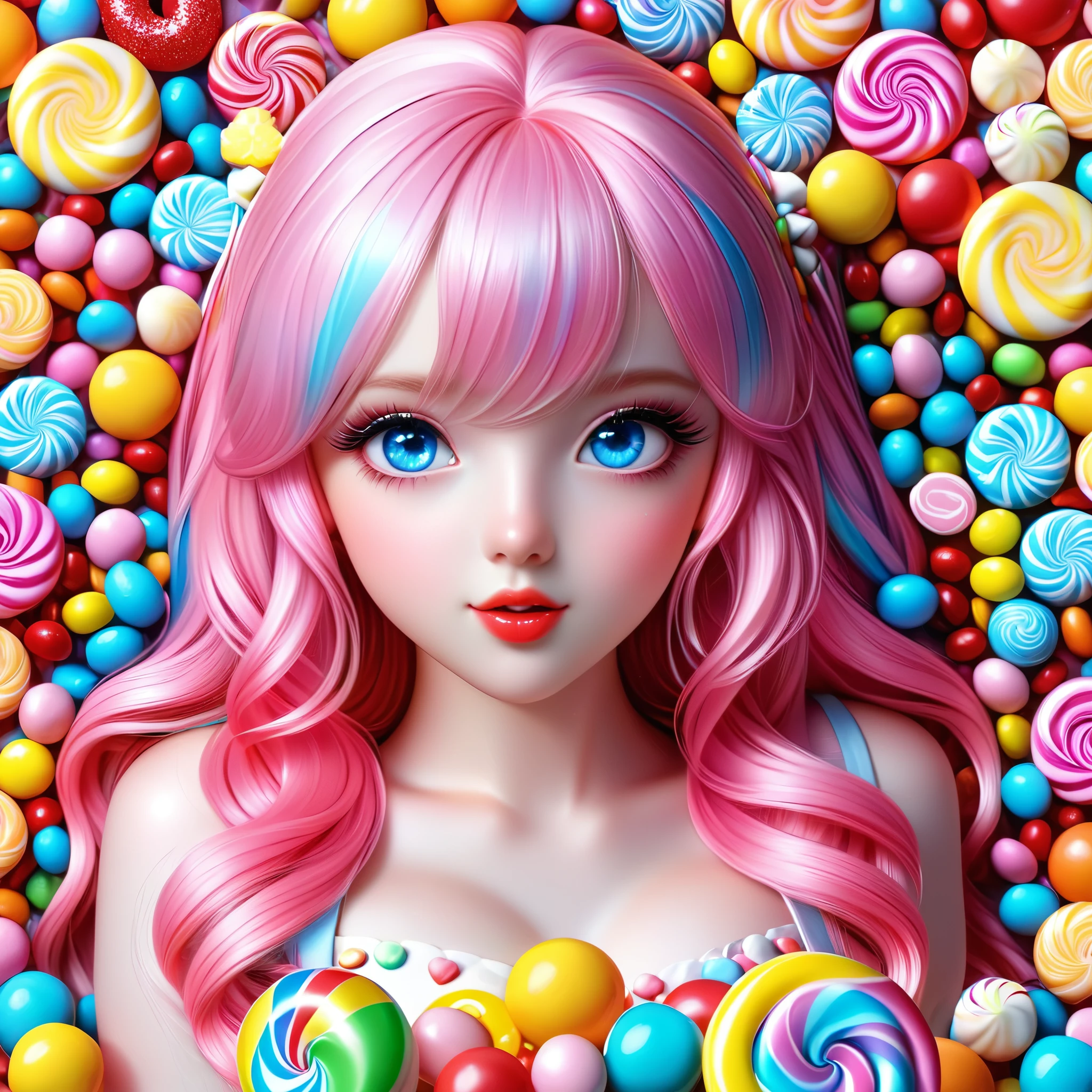 A hyper-realistic whimsical candy girl with blue eyes and long pink hair, surrounded by colorful candies and sweets.