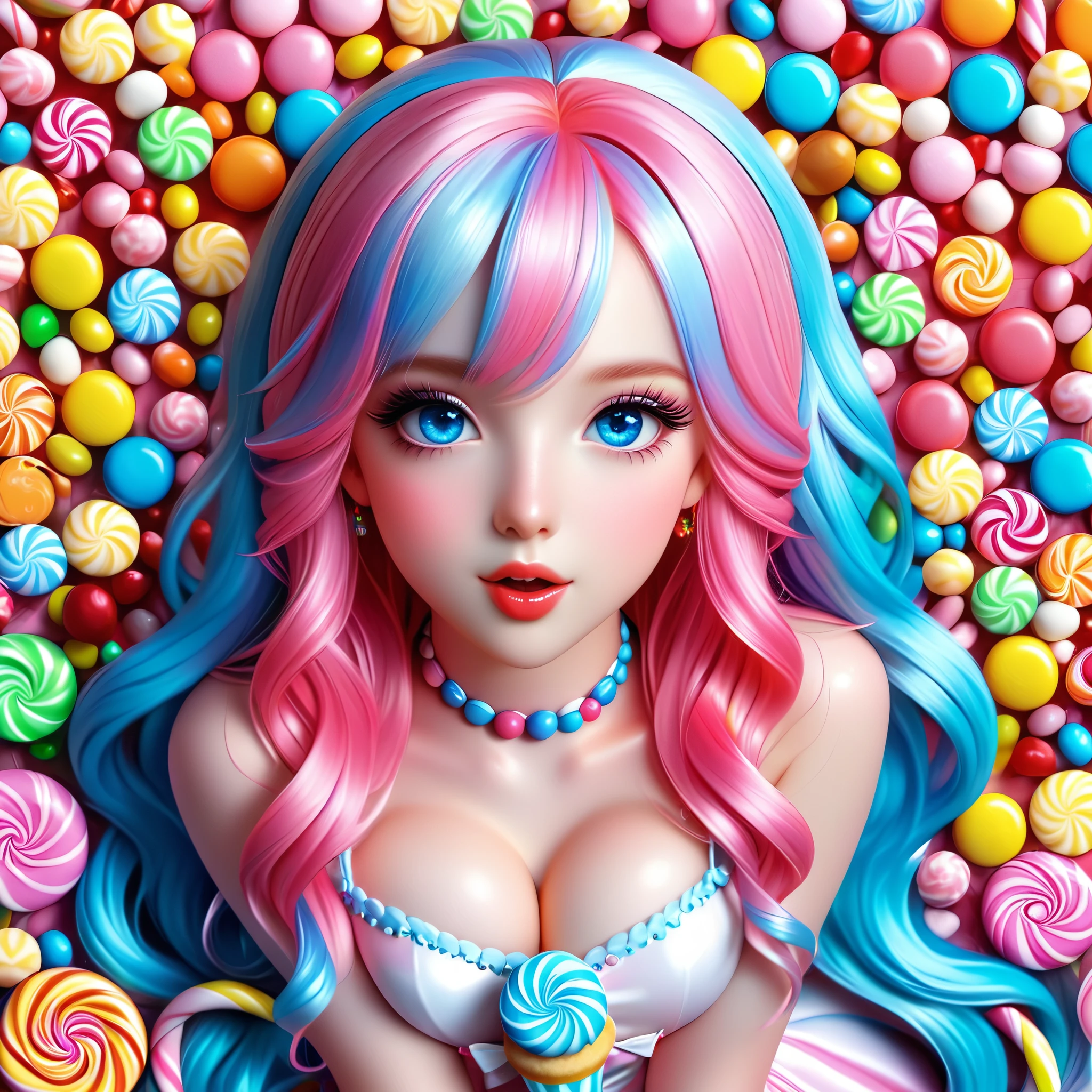 A hyper-realistic whimsical candy girl with blue eyes and long pink hair, surrounded by colorful candies and sweets.