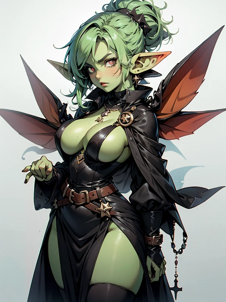 pointy ears, 1girl, big breasts, alone, elf, dark elf, cleavage, big breasts, ponytail, no clothes, sample breasts, dark skin,goblin girl ,goblin girl,gardevoir, android, white skin, glowing eyes, specterdef, nun, habit, black dress, long sleeves, capelet, black pelvic curtain, black thighhighs, necklace, beautiful body, masterpiece,