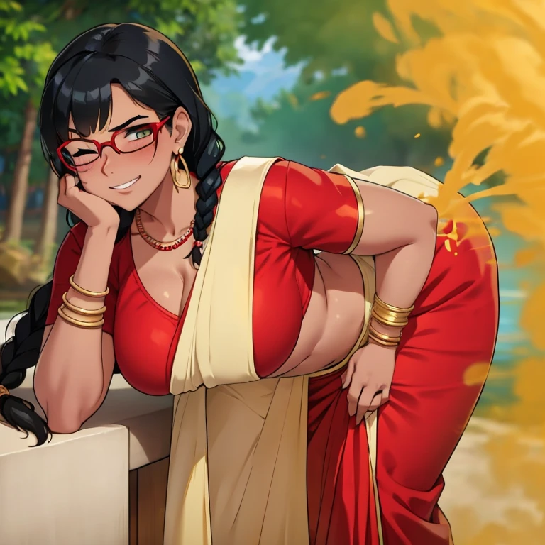 solo, 1female, indian teenage girl, black hair, hair tied in braids, tomboy hair bang, wearing glasses, blushing intensely, sexy body, plump skin, dark skin, clenching teeth, relieved face, one eye closed, soft lips, red saree, wearing red saree, wearing golden necklace and earrings, wearing golden bracelets, bend over, letting out fart, massive fart, yellow smoke rising, hand on tummy, sexy body, bending forward, leaning, hand on stomach, alone by the river