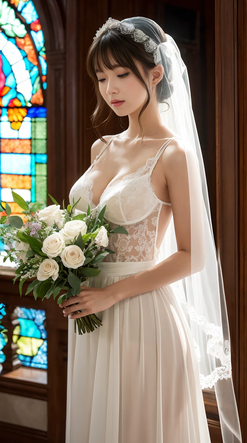 Browsing Caution，masterpiece，Highest quality，8K，20-year-old，窓辺に立つ美しいBig Breastsの女性，Sexy white lace lingerie，Long straight white hair with bangs，Veil，close your eyes，Big Breasts，Underboob，holding one flower bouquet with both hands，Beautiful stained glass，The light shines through，light rays，