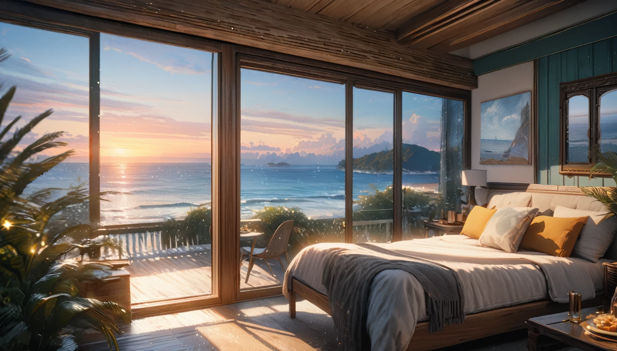 Holiday Homes, Large windows and beautiful views,Inside the room,Blur the background,Pleasant sea breeze,Glitter effect,Highest quality, 8K, High resolution, masterpiece:1.2, Very detailed, Realistic:1.37, High resolution, 超High resolution, Ultra-fine painting, Very detailed, Professional, Vibrant colors