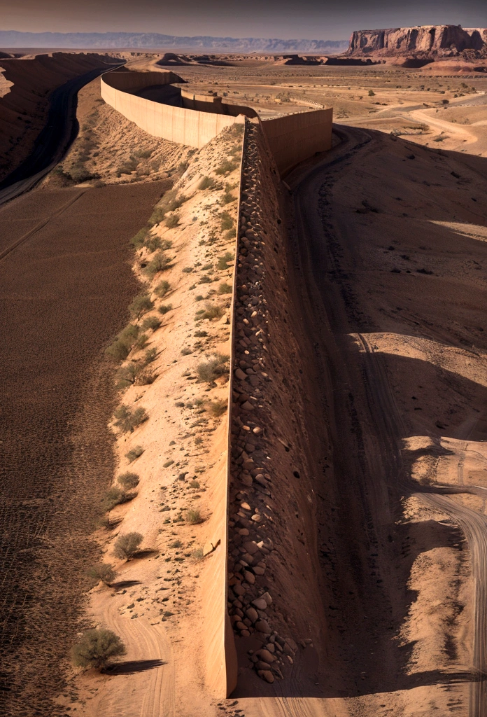 an electrified border wall going through a desert landscape, ultra realistic, highly detailed, 8k, masterpiece, landscape, dark mood