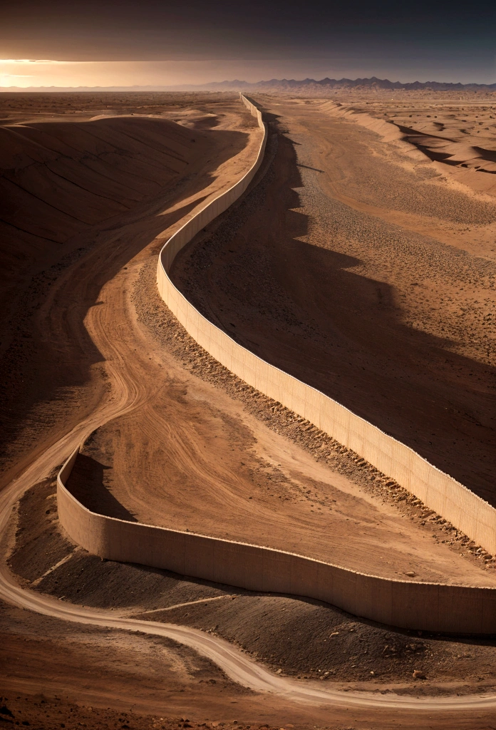 an electrified border wall going through a desert landscape, ultra realistic, highly detailed, 8k, masterpiece, landscape, dark mood