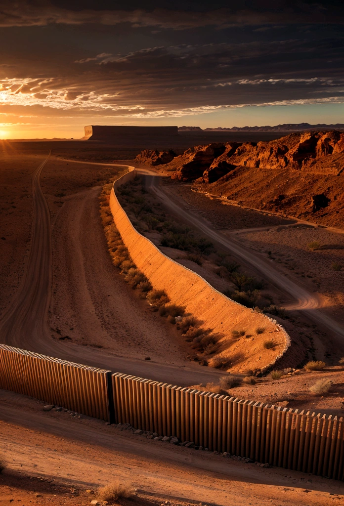 an electrified border wall going through a desert landscape, ultra realistic, highly detailed, 8k, masterpiece, landscape, dark mood