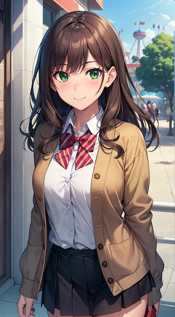 ((masterpiece, Highest quality, High resolution, 超High resolution, Pixel perfect, Depth of written boundary, 4K, RTTX 10.0, High resolution))), One girl, single, alone, Beautiful Anime Girls, Beautiful art style, Anime characters, ((Long Hair, bangs, Brown Hair, Curly Hair:0.8)), ((Green Eyes:1.4, Round eyes, Beautiful eyelashes, Realistic eyes)), ((Detailed face, Blushing:1.2)), ((Smooth texture:0.75, Realistic texture:0.65, Realistic:1.1, Anime CG Style)), Medium chest, Dynamic Angle, Perfect body, ((Portraiture, throw)), ((Red bow tie, , Black jacket, Open jacket, Brown cardigan, White shirt, Black Skirt, Checked skirt)), smile, amusement park
