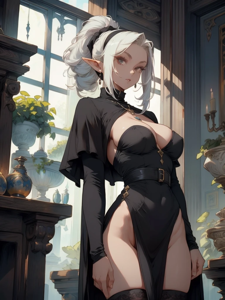 pointy ears, 1girl, big breasts, alone, elf, dark elf, cleavage, big breasts, ponytail, no clothes, sample breasts, dark skin,goblin girl ,goblin girl,gardevoir, android, white skin, glowing eyes, specterdef, nun, habit, black dress, long sleeves, capelet, black pelvic curtain, black thighhighs, necklace, beautiful body, masterpiece,