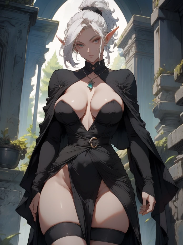 pointy ears, 1girl, big breasts, alone, elf, dark elf, cleavage, big breasts, ponytail, no clothes, sample breasts, dark skin,goblin girl ,goblin girl,gardevoir, android, white skin, glowing eyes, specterdef, nun, habit, black dress, long sleeves, capelet, black pelvic curtain, black thighhighs, necklace, beautiful body, masterpiece,