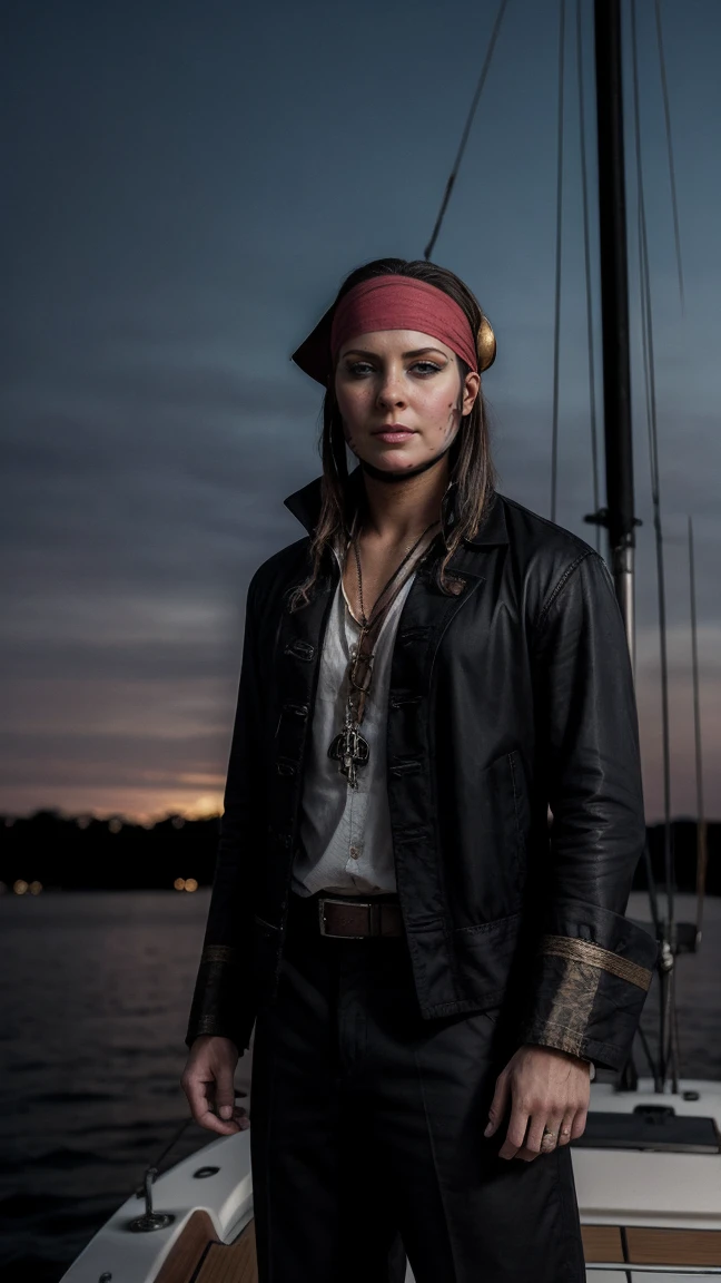 Dark painting, Young pirate standing on a sailboat, (20～Age 25), Beautiful Face, Wearing a bandana on his head, Ship in the Background, Cinematic, Movie stills, Detailed dark background, High detail, masterpiece, masterpieceальное качество, A strip of dawn on the horizon、Skull mark