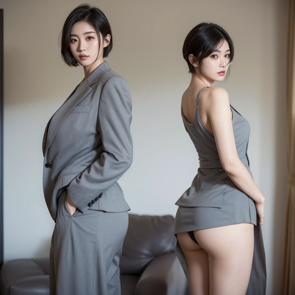 (PICTURE REALISTIC),(perfect quality), beautiful japanese girl, age 21 years, short-hair, wearing a formal suit, using suit, gray color, imagem de costas, your face is perfect, ( big buttocks 1.5) , 4K, is in a room, is looking at the camera