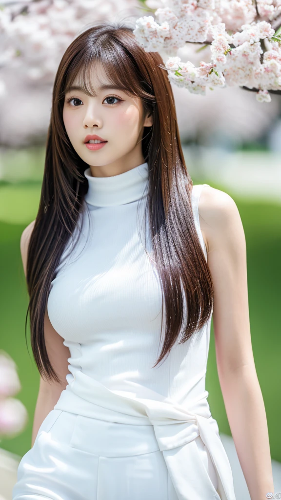 a white cherry blossom,(detailed face),((crotch)),normal breasts,pretty,sleeveless and turtle neck white silky clothes,4k ,super high resolution ,(photo-realistic: 1.7),((white background)),black long hair,