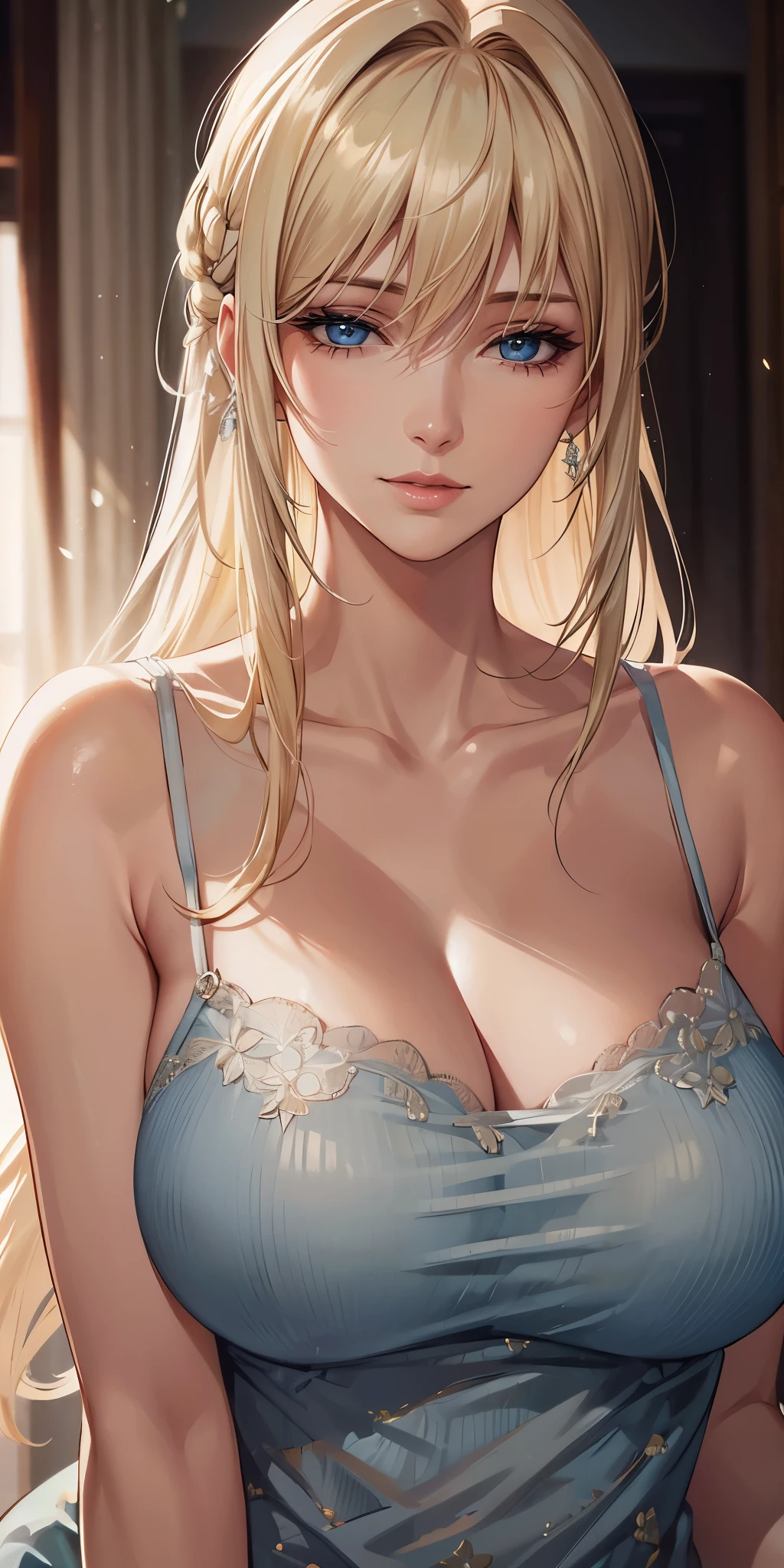 Realistic, Elegant mature woman, blue eyes, blonde hair, soft light, high detailed, 4k resolution, high quality, beautiful cg