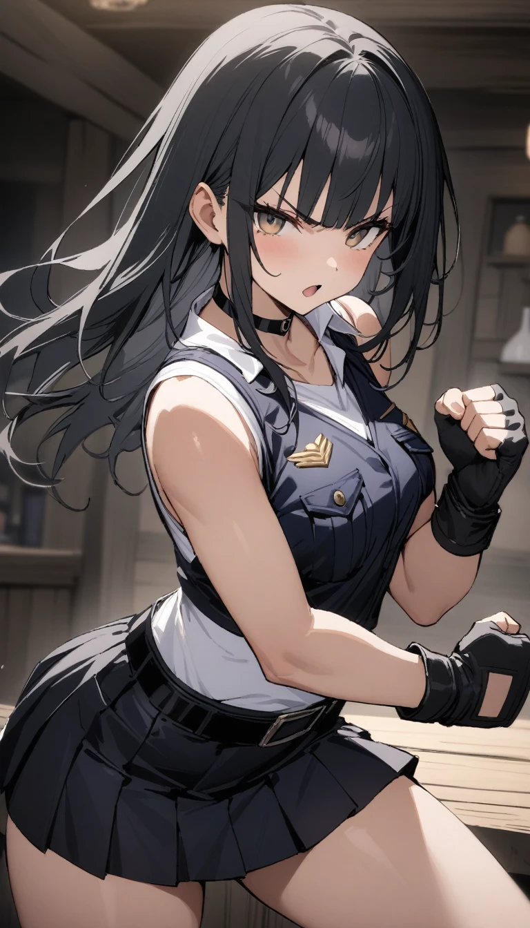 ((Highest quality)), ((masterpiece)), (detailed),cowboy shot , Rin々Policewoman small breasts Mature Woman, ((A black sleeveless police uniform over a white sleeveless T-shirt)),Black choker,clavicle、Black long hair Blunt bangs black pleated mini skirt black fingerless gloves V-shaped eyebrows Combat Stance Black Belt Clenched fist Old tavern