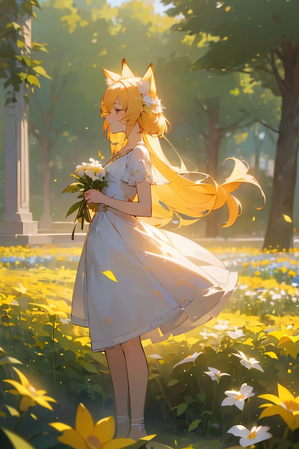 ((masterpiece))), (((best quality))), ((very detailed)), (very detailed CG 일러스트레이션), ((very delicate and beautiful)), cinematic light,((1 person)), alone,girl holding flowers, yellow hair,fox ears,Suzuran,flower garden,standing pose