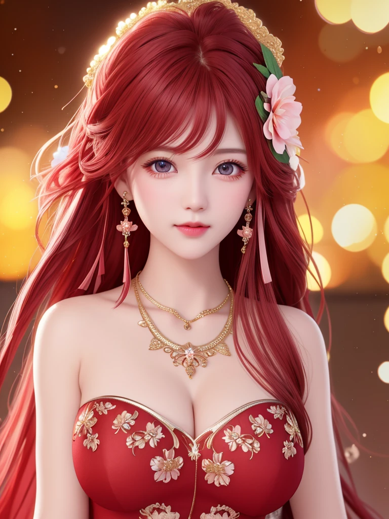 best quality, masterpiece, High target, There is a girl with a basket of flowers on her head, Big breast beauty,Very sexy,Beautiful red dress, Hair Decorationss, necklace, Decorations, Pretty Face, When the body, Tyndall effect, Realistic Portraits, Edge lighting, Two-color light, (Very delicate skin:1.2), 8K uhd, Digital SLR Camera, Soft Light, high quality, Volumetric Lighting, Honest, photo, high resolution, 4K, 8K, Bokeh,Big red hair,Pink Eyes.
