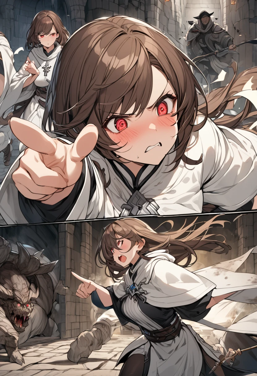 Adult female, dark fantasy, very short brown hair, red eyes, cleric, black on white cleric robes, blushing, angry, dungeon, pointing, running from monsters, highly detailed, high quality, perfect eyes, expressive eyes, dirty, cuts