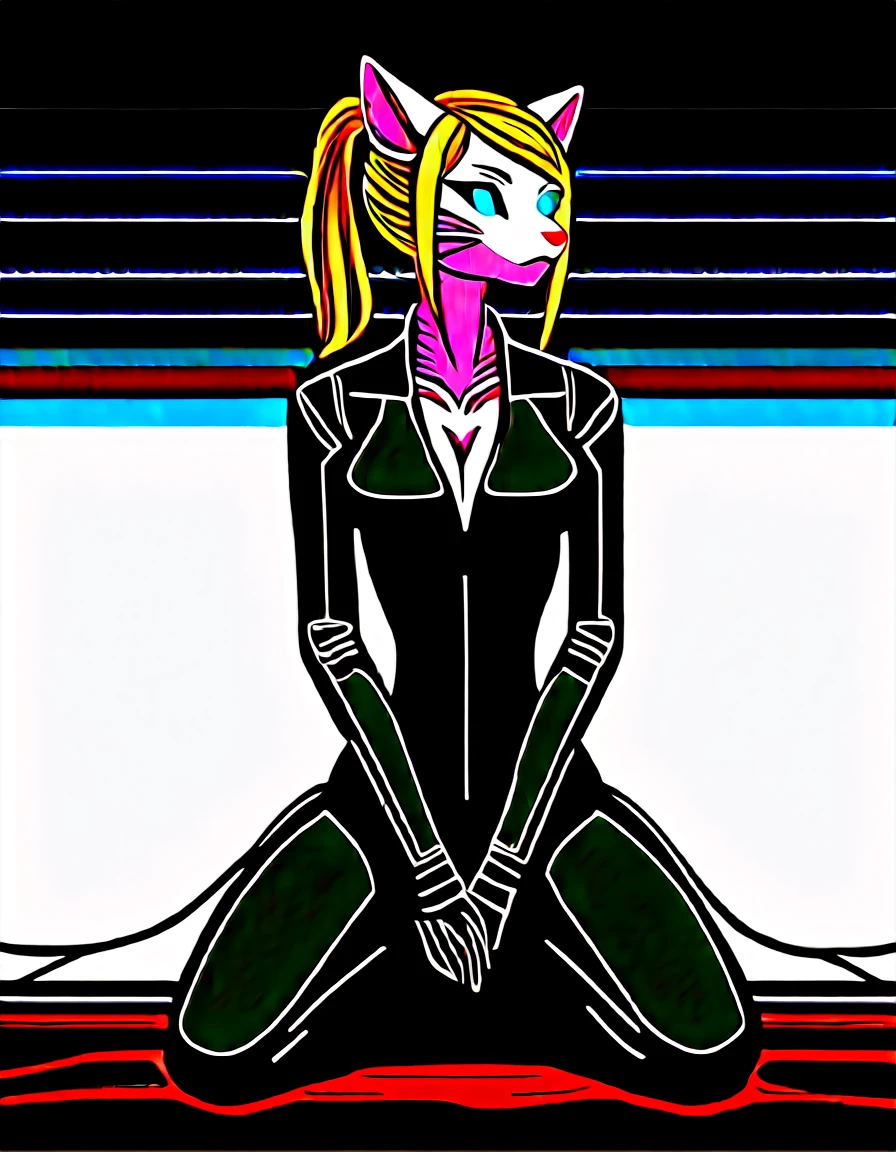 (((masterpiece)))、((top-quality))、(The ultra-detailed)、8K、(Very noble and beautiful))、Cinematic Light、((1 Mechanical anthropomorphic feline girl, Kat, blonde hair in a ponytail, pink nose, :3, silver fur, )) black ceramic body、luminescent android blue eyes, black sclera 、The cleavage is visible、Single、(Mechanical joint:1.4)、((Mechanical limb))、(Blood vessels attached to tubes)、((Mechanical spine attached to the back))、((Mechanical cervical vertebrae attached to neck))、(Wires and cables attached to the head and body:1.5)、 neon details、Science fiction、full body shot, The background is Cyberpunk City、