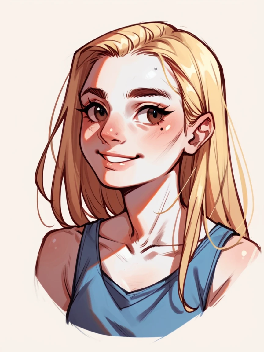 score_9, score_8_up, score_7_up, score_6_up, score_5_up, score_4_up, c0l0ursk3tch, sketch, 1 adult woman, smiling, white skin, medium long blonde hair in a loose side brand, dark brown eyes, simple background, blue tank top