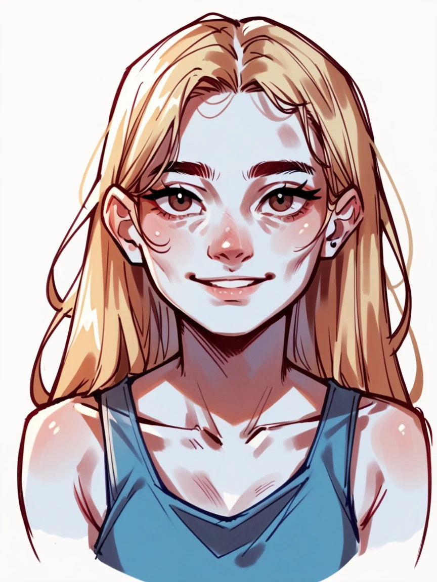 score_9, score_8_up, score_7_up, score_6_up, score_5_up, score_4_up,  c0l0ursk3tch, sketch, 1 adult woman, smiling, white skin, medium long blonde hair in a loose side brand, dark brown eyes, simple background, blue tank top