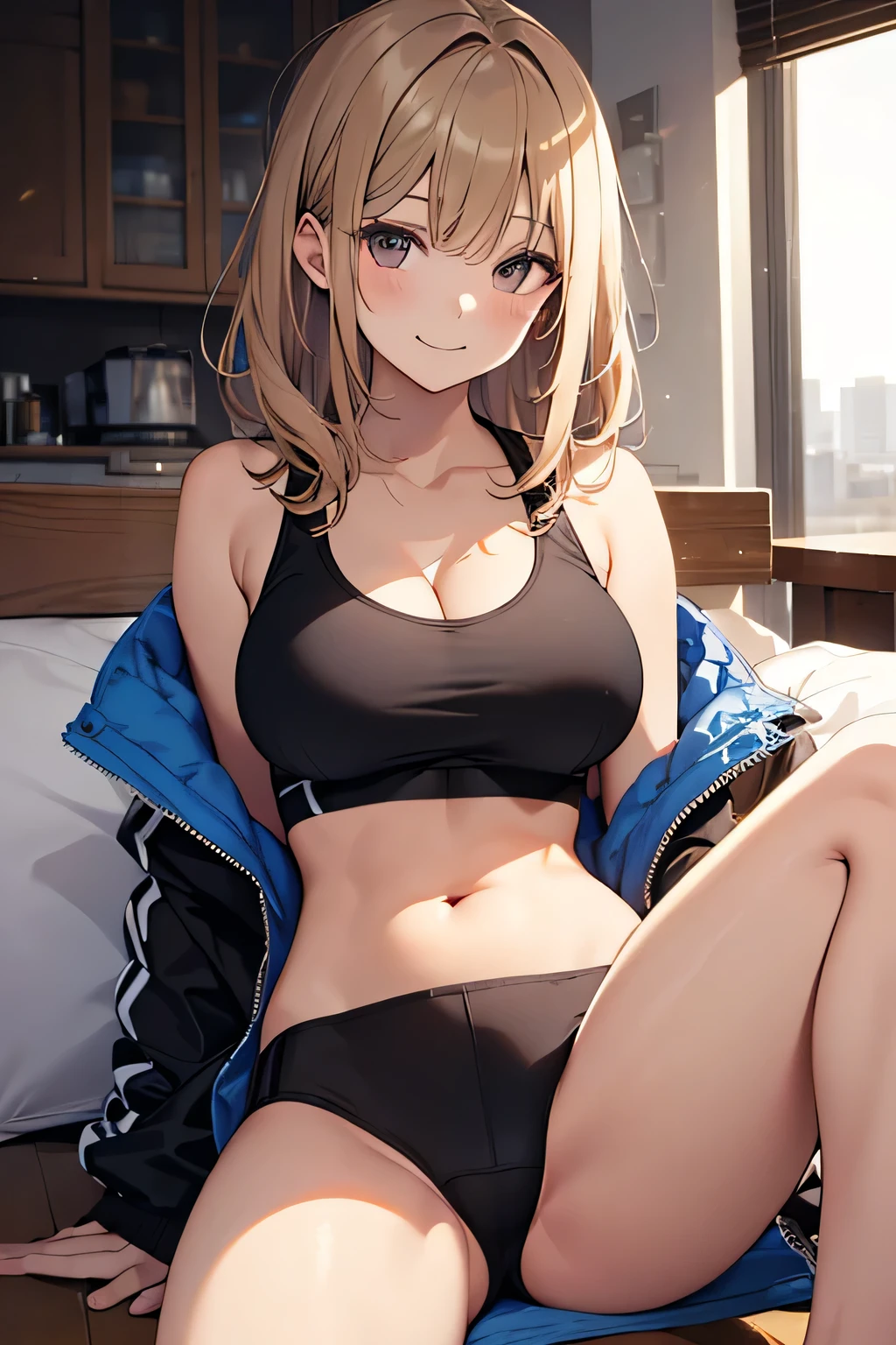(((Perfect photo))), One Girl, alone, , Azusa Nakano, , Jacket, View your audience, smile、((濡れたBetween the legs)), SFW with hidden breasts, Big ample breasts!, SFW Big, Beautiful and seductive anime woman, Big ample breasts!!, Bust ratio adopted, Highest quality, Official Art, Best Anatomy, ((Calvin Klein sports bra and Calvin Klein women's shorts,:1.5))、Glowing Skin、Cowboy Shot, (Extreme close-up of the cliff from below)、(((From below、Between the legs,Focus the head, chest and legs in the center of the screen.:1.8)))