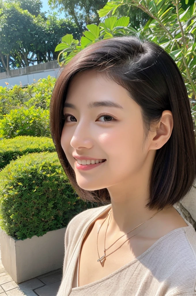 Front view of (((Masamisuno))),(in 8K, top-quality, masterpiece:1.3, 超A high resolution, A hyper-realistic), high detailing, ((Face like the real thing)), Photorealsitic, Raw foto, ((one beautiful women)), 27yo, Detailed face, beautidful eyes, realisticeyes, Eyes in Beautiful Details, (real looking skin), Beautiful skins, enticing, depth of fields, hight resolution, High pixel count, clear details, sharp photo, Natural color reproduction, Noise Reduction, High fidelity, quality, Software Updates, Optimized algorithms, Stylish café terrace, Everyday clothes, Neat and clean clothing, perfect bodies, face perfect, perfect chest, perfect teeth, Perfect tooth alignment, , Sexy lips, Ears are visible, Looking away, Natural perspective, (Don't look into the viewer's eyes), a smile, kindly smile, Beautiful skins, enticing, the golden ratio, (Detal Face:1.2), profetional lighting, Lighting the face, best light, japanes,japanaese girl, Photo of a cute Japanese woman, Small necklace, Thin Silver Necklace, simple background, wear suit, Casual pose, Short hair swaying in the wind
