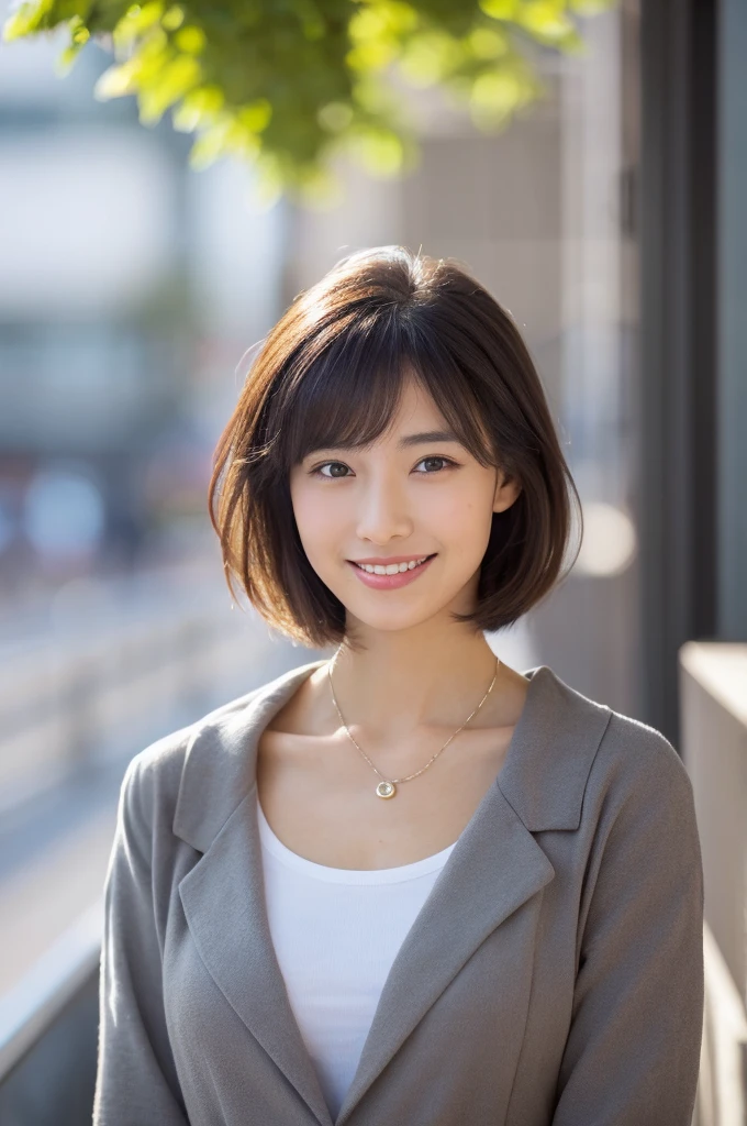 Front view of (((Masamisuno))),(in 8K, top-quality, ​masterpiece:1.3, 超A high resolution, A hyper-realistic), high detailing, ((Face like the real thing)), Photorealsitic, Raw foto, ((one beautiful women)), 27yo, Detailed face, beautidful eyes, realisticeyes, Eyes in Beautiful Details, (real looking skin), Beautiful skins, enticing, depth of fields, hight resolution, High pixel count, clear details, sharp photo, Natural color reproduction, Noise Reduction, High fidelity, quality, Software Updates, Optimized algorithms, Stylish café terrace, Everyday clothes, Neat and clean clothing, perfect bodies, face perfect, perfect chest, perfect teeth, Perfect tooth alignment, , Sexy lips, Ears are visible, Looking away, Natural perspective, (Don't look into the viewer's eyes), a smile, kindly smile, Beautiful skins, enticing, the golden ratio, (Detal Face:1.2), profetional lighting, Lighting the face, best light, japanes，japanaese girl, Photo of a cute Japanese woman, Small necklace, Thin Silver Necklace, simple background, wear suit, Casual pose, Short hair swaying in the wind