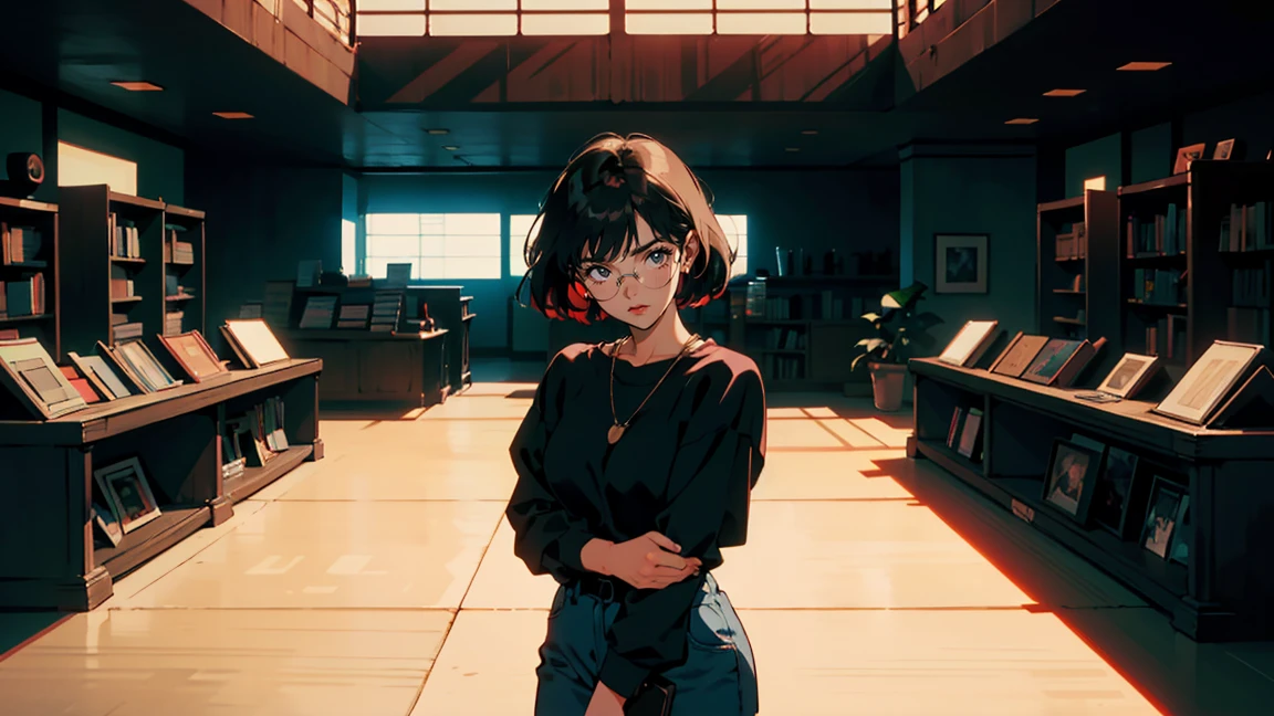 Classic Bookstore, Browse, It has a nice atmosphere, Adult women, Glasses ,Perfect Face, A melancholic look, (Backlight: 1.1), A scene from a movie, Soft Shadows, masterpiece, Highest quality, Complex, Model shooting style, Film Grain, Wide Shot、Red lipstick