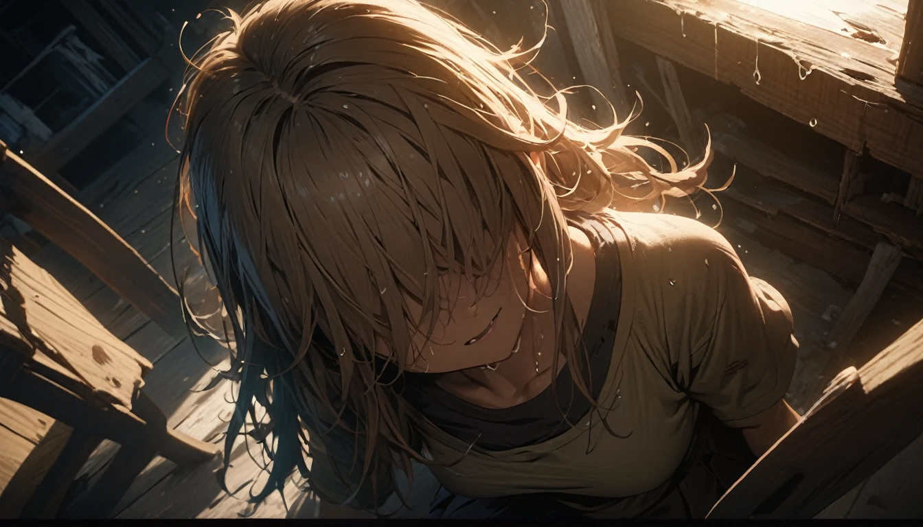 (A dirty woman sitting on a chair in a dilapidated house, her wet disheveled hair covering her eyes, wearing a detailed bodycon shirt and pleated skirt, high angle view, close-up, damaged, hand-drawn, cinematic lighting, extremely detailed, white, brown, red, perfect composition, masterpiece, best quality, 4k, sharp focus, perfect anatomy)