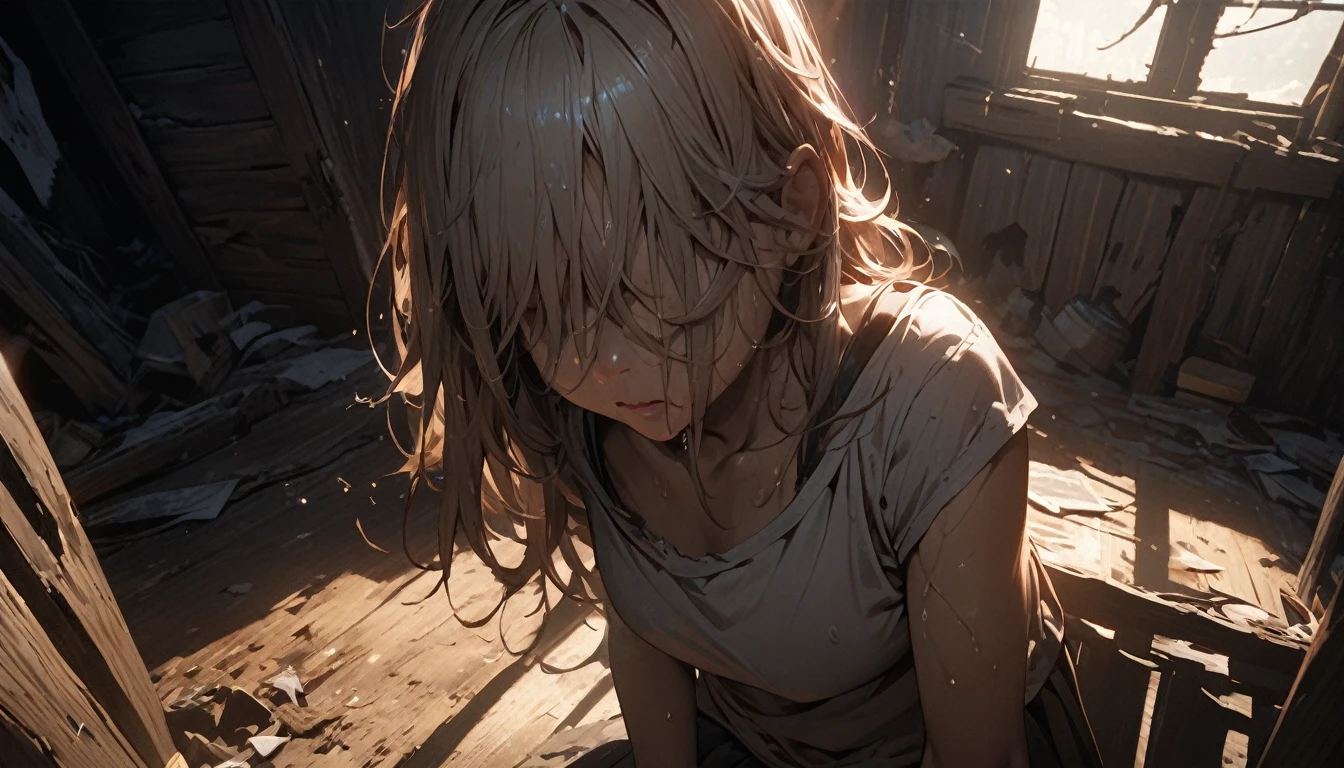 (A dirty woman sitting on a chair in a dilapidated house, her wet disheveled hair covering her eyes, wearing a detailed bodycon shirt and pleated skirt, high angle view, close-up, damaged, hand-drawn, cinematic lighting, extremely detailed, white, brown, red, perfect composition, masterpiece, best quality, 4k, sharp focus, perfect anatomy)